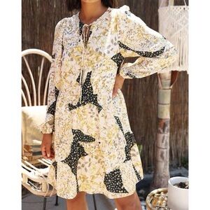 Greylin Patchwork Long-Sleeve Mini Dress in Cream and Black